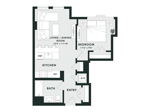 Floor plan for 1 bed, 1 bath, 602 sqft